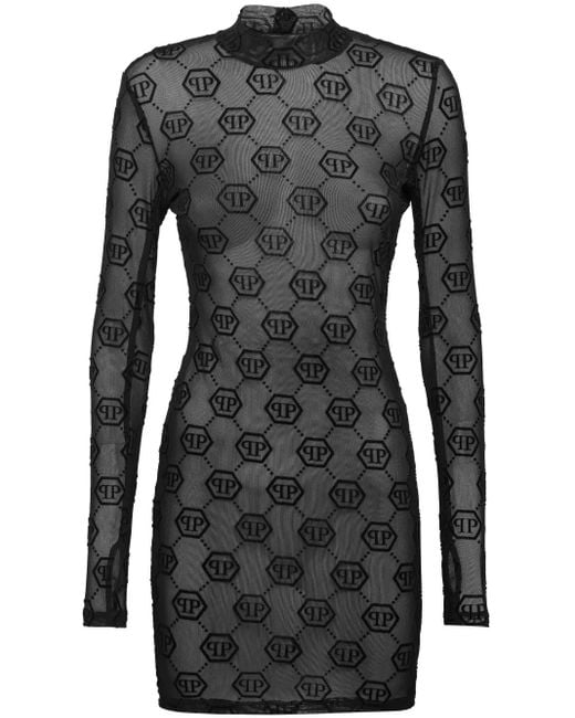 Philipp Plein Black Monogram Semi-Sheer Tulle Dress