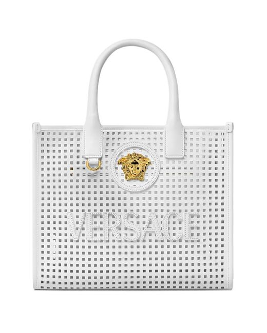 Versace White Small Medusa-Plaque Perforated Tote Bag