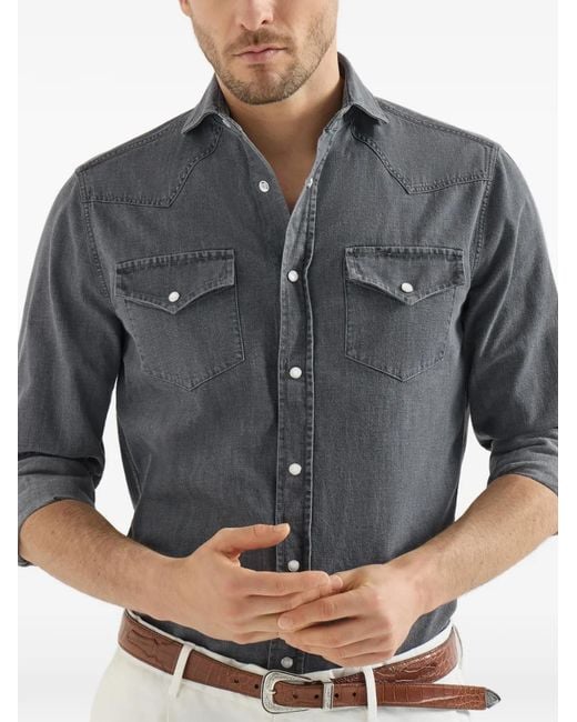 Brunello Cucinelli Gray Lightweight Denim Easy-Fit Western Shirt for men