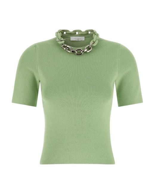 Rabanne Green Embellished-Collar Ribbed T-Shirt
