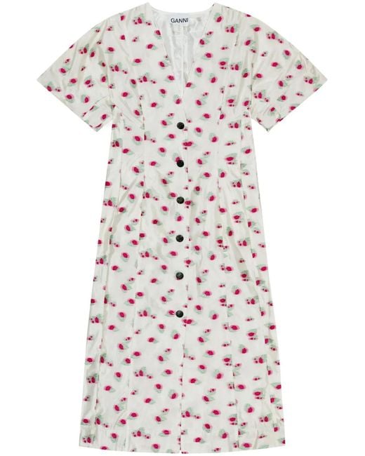 Ganni White Floral-Print Organza Midi Dress