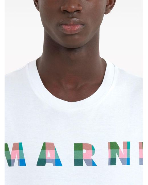 Marni White Gingham Logo-print Cotton T-shirt for men