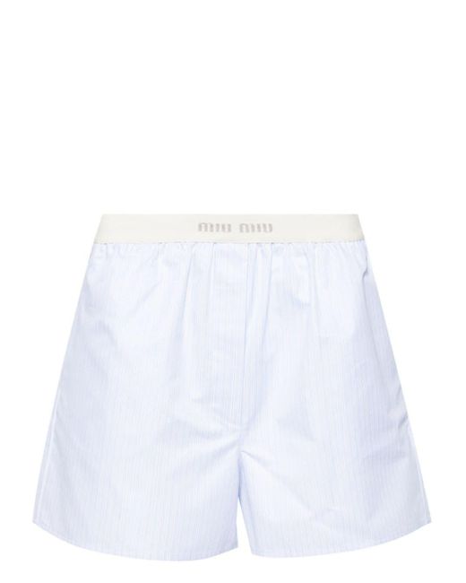 Shorts pigiama a righe con banda logo di Miu Miu in White
