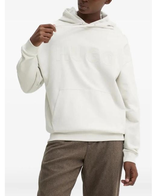 HUGO White Logo-Embossed Hooded Hoodie for men