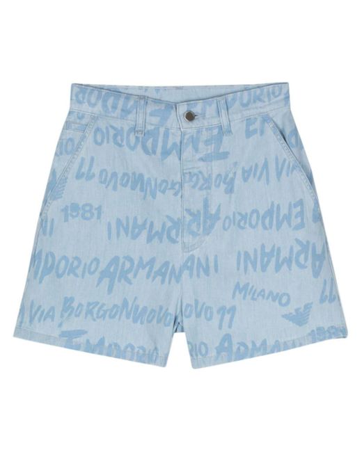 Emporio Armani Blue Chambray-Shorts mit Logo-Print