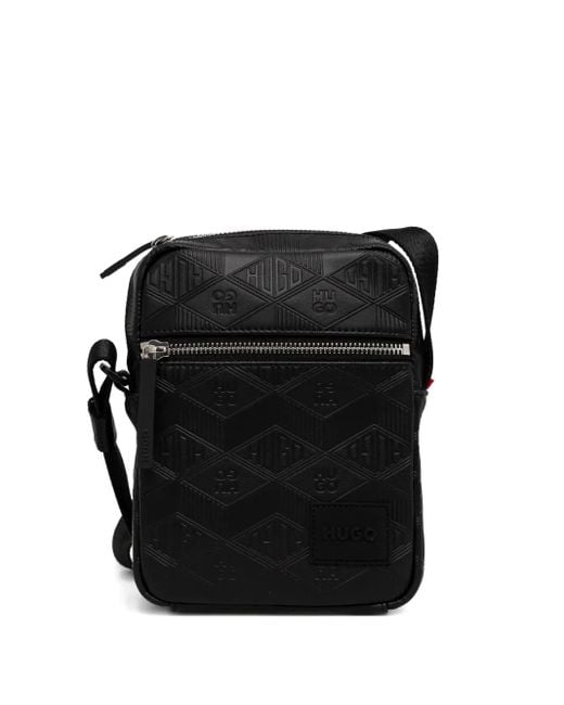 HUGO Black Logo-Patch Debossed Messenger Bag for men