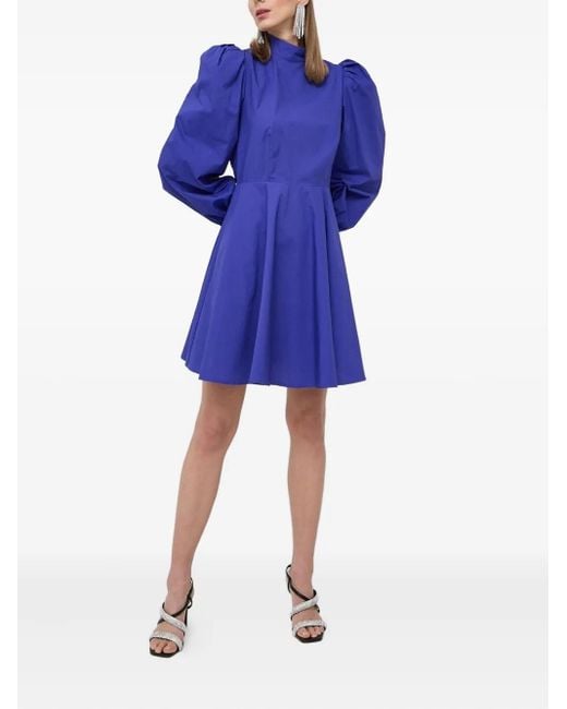 Custommade• Mini-Jurk Met Pofmouwen En Gedrapeerde Hals in het Blue