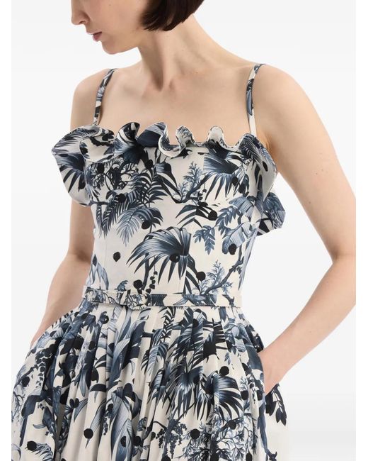 Oscar de la Renta White Robe Sans Manches En Popeline De Coton À Feuilles De Palmier