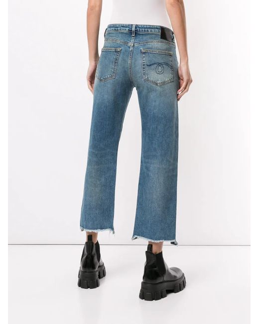 R13 Blue Cropped Relaxed Fit Denim Pants With Flared Legs And Raw Hems
