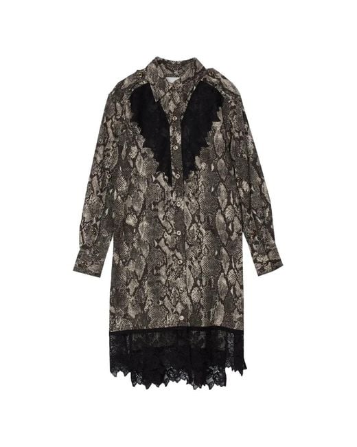 3.1 Phillip Lim Gray Snake-Print Lace-Trim Midi Shirt Dress