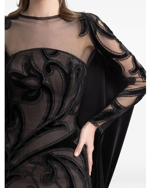 Gemy Maalouf Black Floral-Embroidery Cape Dress