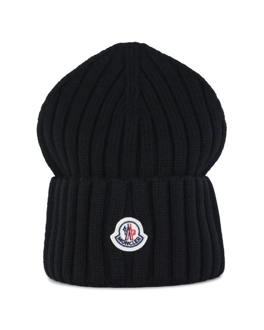 Moncler Black Logo-Patch Ribbed Beanie Hat
