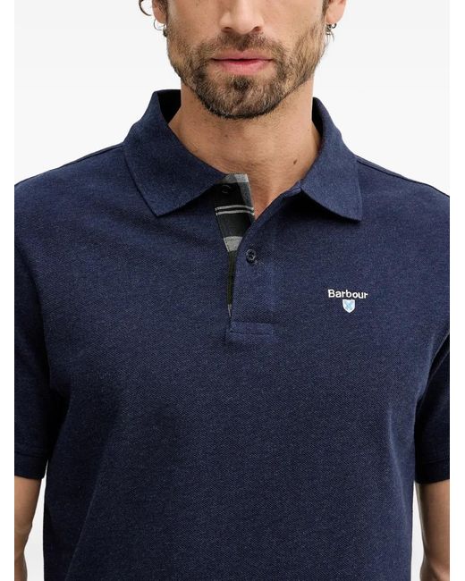 Barbour Blue Tartan Pique Buttoned Logo Polo Shirt for men