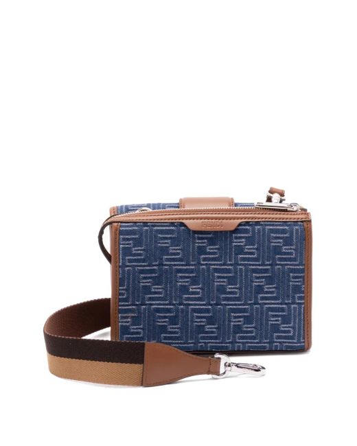 Fendi Blue Denim-Effect Ff Jacquard And Leather Double Uette Bags for men