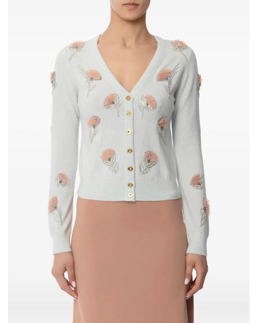 Elisabetta Franchi White Embroidered-Flower V-Neck Cardigan