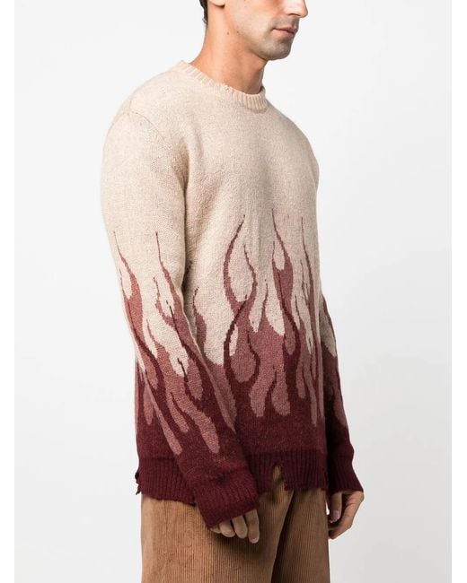 Vision Of Super Red Flame-Print Distressed-Finish Jumper for men