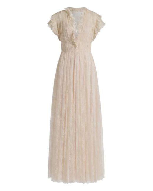 Alberta Ferretti Natural Ruffled Lace Maxi Dress