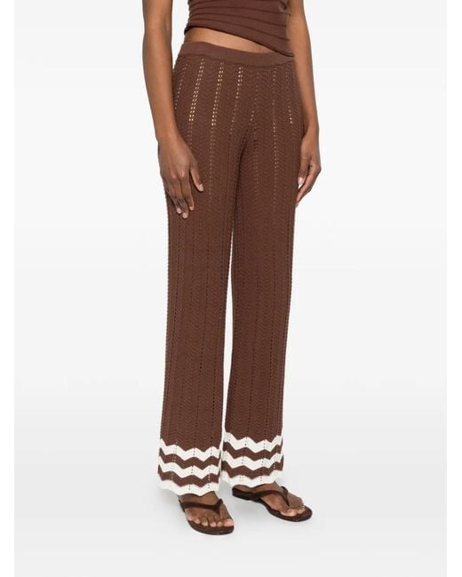 Twinset Brown Knit Trousers With Zigzag Detail And Fringes