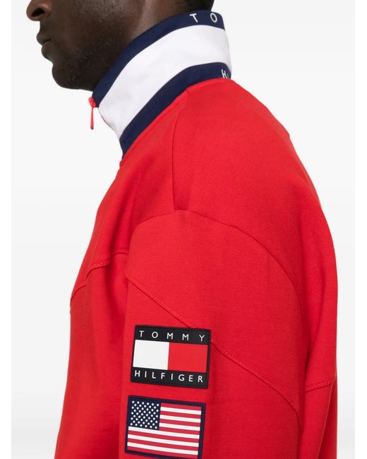 Tommy Hilfiger Red Logo-Patch Quarter-Zip Sweatshirt for men
