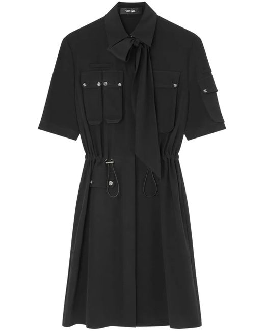 Versace Black Lavalliére Silk Cargo Shirt Dress