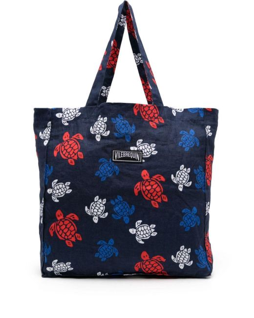 Vilebrequin Blue Turtle-print Linen Beach Bag