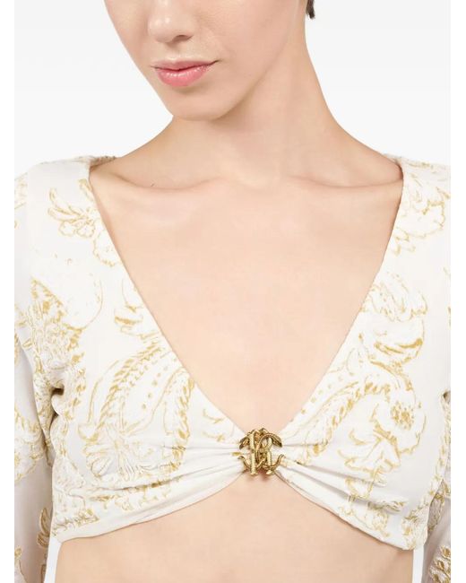 Roberto Cavalli White Paisley-Print Logo-Plaque Top