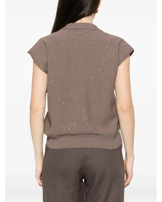 Panicale Brown Sequin-Embellished V-Neck Top