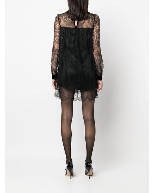 Saint Laurent Black Lace-detail Layered Mini Dress