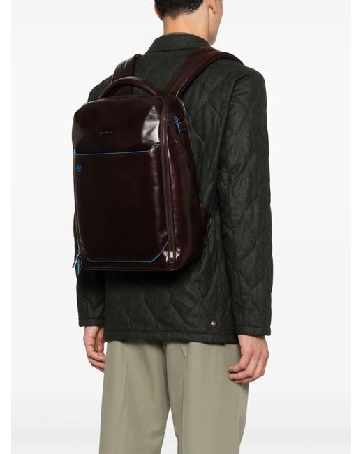 Piquadro Black Personalizable Laptop Leather Backpack for men
