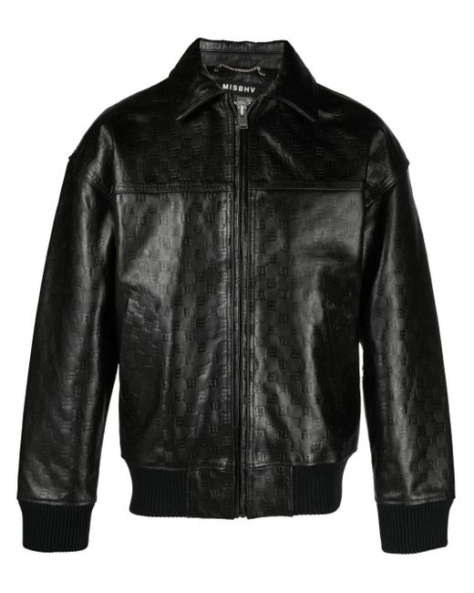 M I S B H V Black Monogram-Jacquard Leather Jacket for men