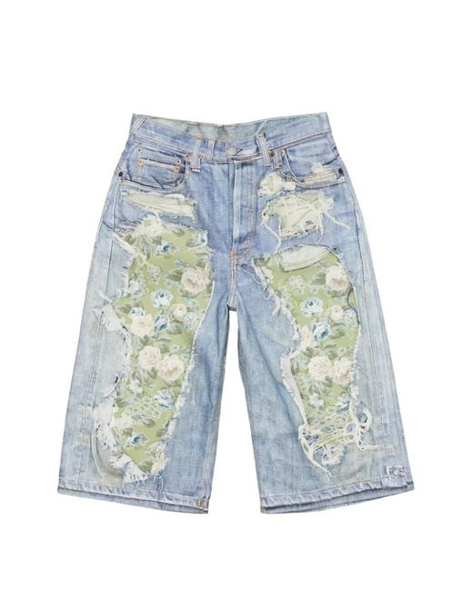 Acne Blue Floral-Patchwork Distressed Shorts