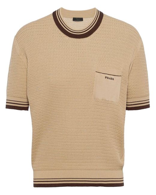 Prada Natural Embroidered-logo Knitted T-shirt for men