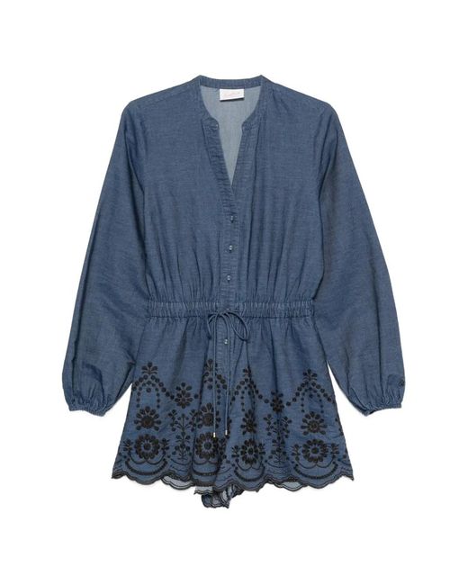 Mc2 Saint Barth Blue V-Neck Puff Sleeve Romper With Intricate Floral Embroidery