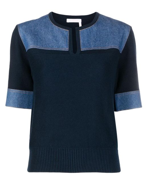 See By Chloé Blue Denim-panels Knitted Cotton T-shirt