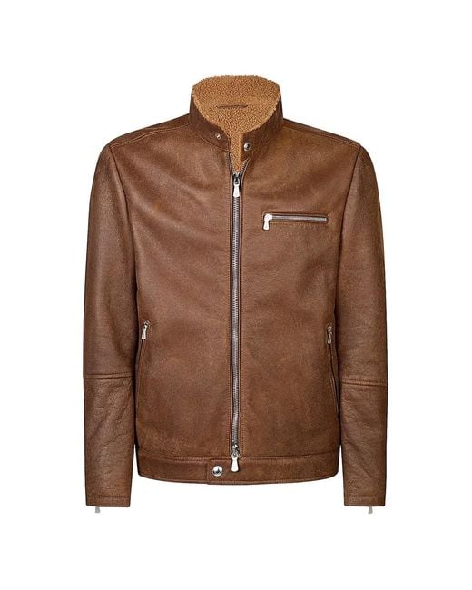 Eleventy Brown Shearling Biker Jacket for men