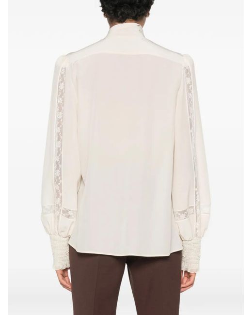Valentino Garavani White Lace-Panelled Pussy-Bow Blouse