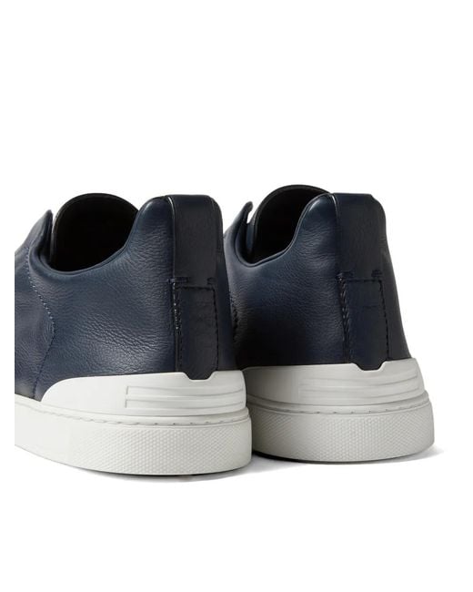 Zegna Blue Triple Stitch Leather Sneakers for men