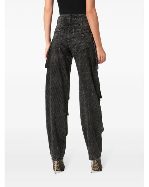 Philipp Plein Black Embellished Cargo Jeans