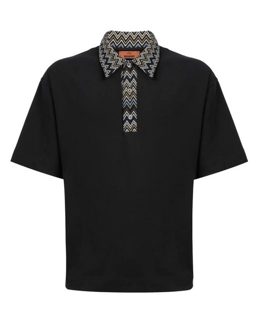 Missoni Black Chevron Knit-Insert Cotton Polo Shirt for men