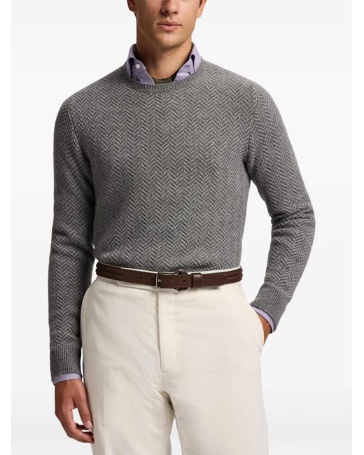 Ralph Lauren Gray Herringbone-Pattern Crew-Neck Sweater for men