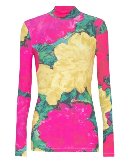 Balmain Pink Printed High-Neck Top
