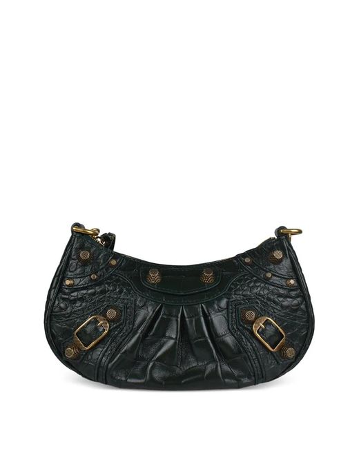 Balenciaga Black Crocodile-Embossed Cagole Leather Shoulder Bag