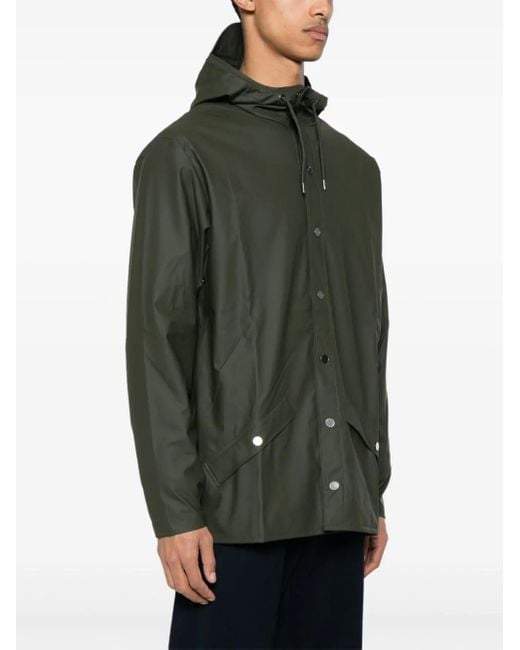 Rains Green Drawstring-hooded Buttoned Rain Jacket