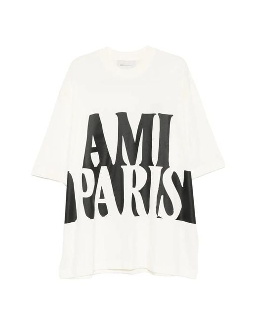 AMI White Oversize Fit Short Sleeves Teeshirt With Print for men