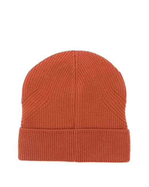 Moncler Orange Ribbed Logo-Patch Beanie for men