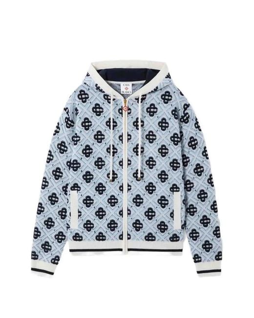 Casablanca Blue Merino Monogram Zip‑Up Hooded Sweatshirt for men