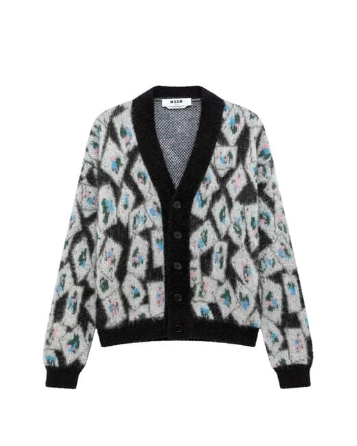 MSGM Black Argyle-Patterned Brushed-Finish Cardigan for men