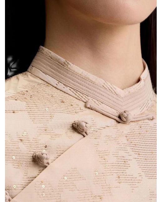 Shanghai Tang Natural Sequin-Embellished Qipao Dress