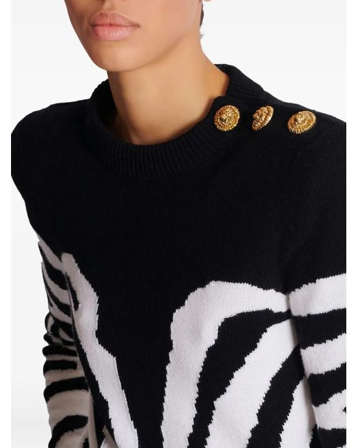 Balmain Black Zebra-Pattern Padded-Shoulder Sweater