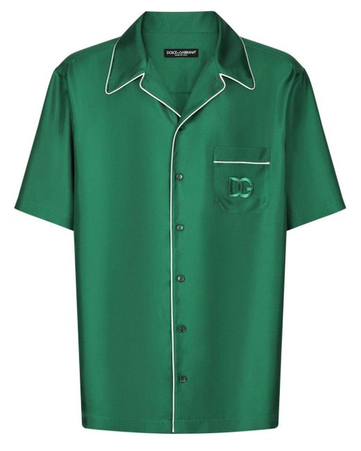 Dolce & Gabbana Green Embroidered-logo Silk-twill Shirt for men